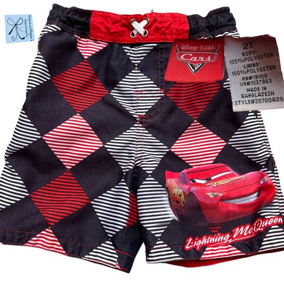 Disney Pixar Cars Lightning McQueen 2009 Checkered Swim Trunks Kids Sz 2T - Picture 1 of 7